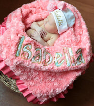 Load image into Gallery viewer, Personalized Embroidered Name Sparkling Rose Floral Minky Baby Blanket