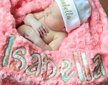 Load image into Gallery viewer, Personalized Embroidered Name Sparkling Rose Floral Minky Baby Blanket