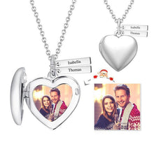 Load image into Gallery viewer, Heart Photo Locket Necklace With Two Engraved Bars Platinum Plate