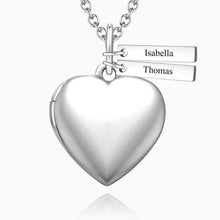 Load image into Gallery viewer, Heart Photo Locket Necklace With Two Engraved Bars Platinum Plate