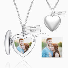 Load image into Gallery viewer, Heart Photo Locket Necklace With Two Engraved Bars Platinum Plate