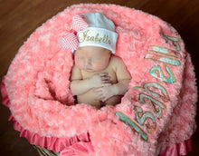 Load image into Gallery viewer, Personalized Embroidered Name Sparkling Rose Floral Minky Baby Blanket
