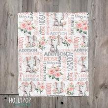 Load image into Gallery viewer, Floral Rose Elephant Baby Name Blanket, Baby Girl Pink Elephant Blanket, Personalized Girl Baby Blanket, Elephant Baby Gift, Baby Girl Gift
