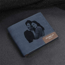Load image into Gallery viewer, Men's Photo Engraved Bifold Photo Wallet - Blue Leather For Him
